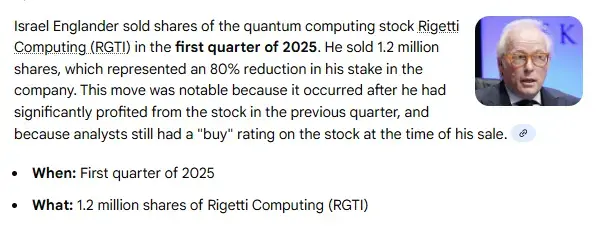 belden006's tweet photo. @StockTickerZone He bought in the 4th qrtr of '24, so he made his money. (he could have made more) A billionaire buying that little means nothing to him or the future of $RGTI Your are just recycling old news. ALSO he DUMPED 80% of that purchase  in the 1st quarter of this year. Nice try LOL. https://t.co/mBOSWhaNFC