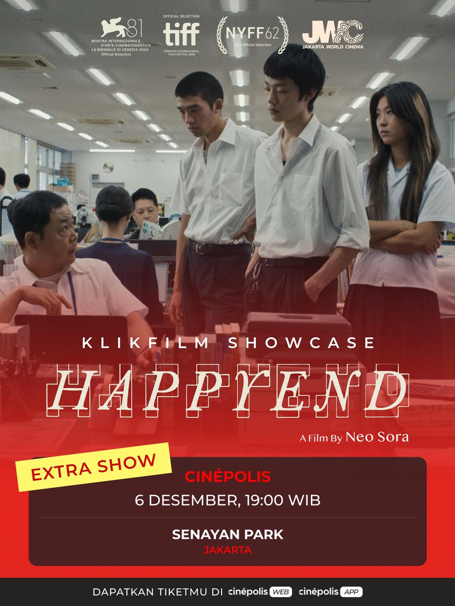KLIKFILM SHOWCASE: HAPPYEND
Penayangan tambahan untuk salah satu film unggulan fresh lineup Jakarta World Cinema!

⭐ EXTRA SHOW!
📍 Cinépolis – Senayan Park, Jakarta
📅 6 Desember, 19:00 WIB

🎟️ Dapatkan tiketmu via Cinépolis (Web / App)

 #Happyend #NeoSora #JakartaWorldCinema