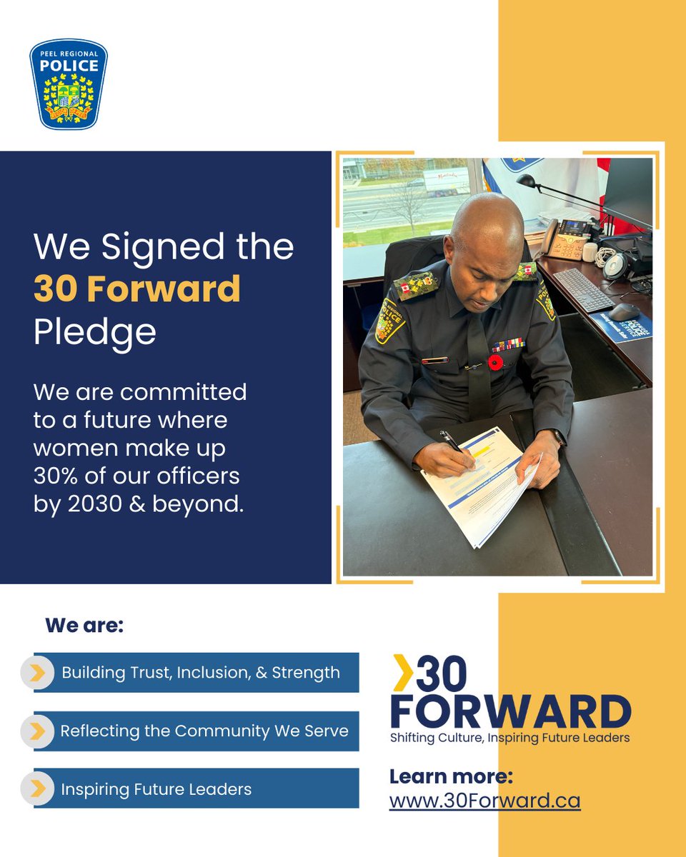 PeelPolice's tweet photo. We’re proud to have signed the #30Forward pledge and affirm our commitment to advancing representation of women in policing. 

We’re committed to opening doors for women and building a police service that values inclusion, reflects our community and creates opportunities for future leaders. 

Learn more: https://t.co/iTUJQ1Zawj