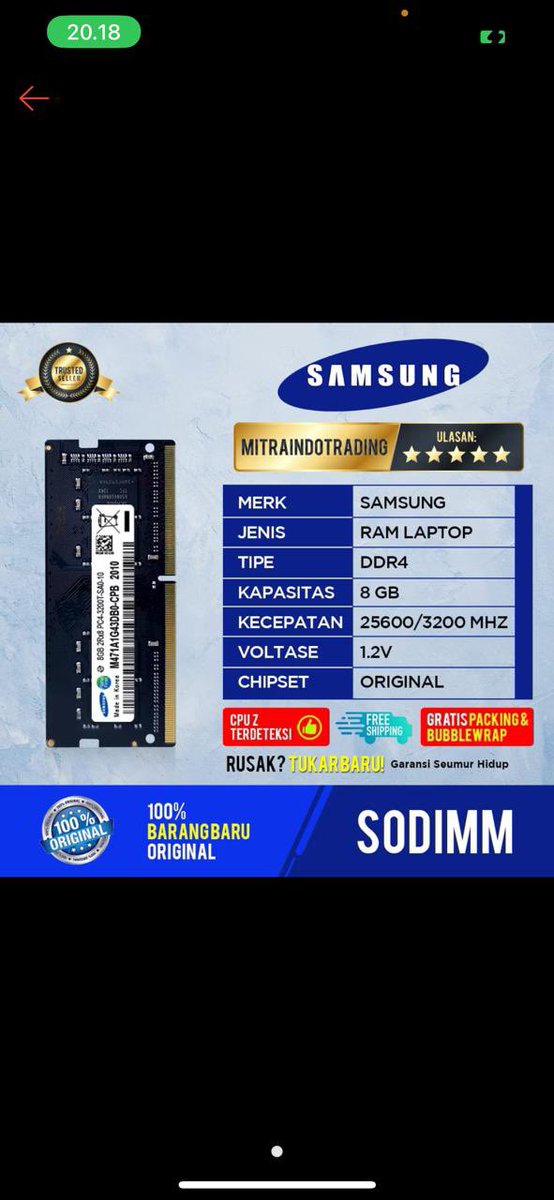 ikfinity_'s tweet image. WTS
RAM LAPTOP ￼SAMSUNG SODIMM DDR4 8GB PC 25600 / 3200MHZ
📍dom Bandung
dm for more info