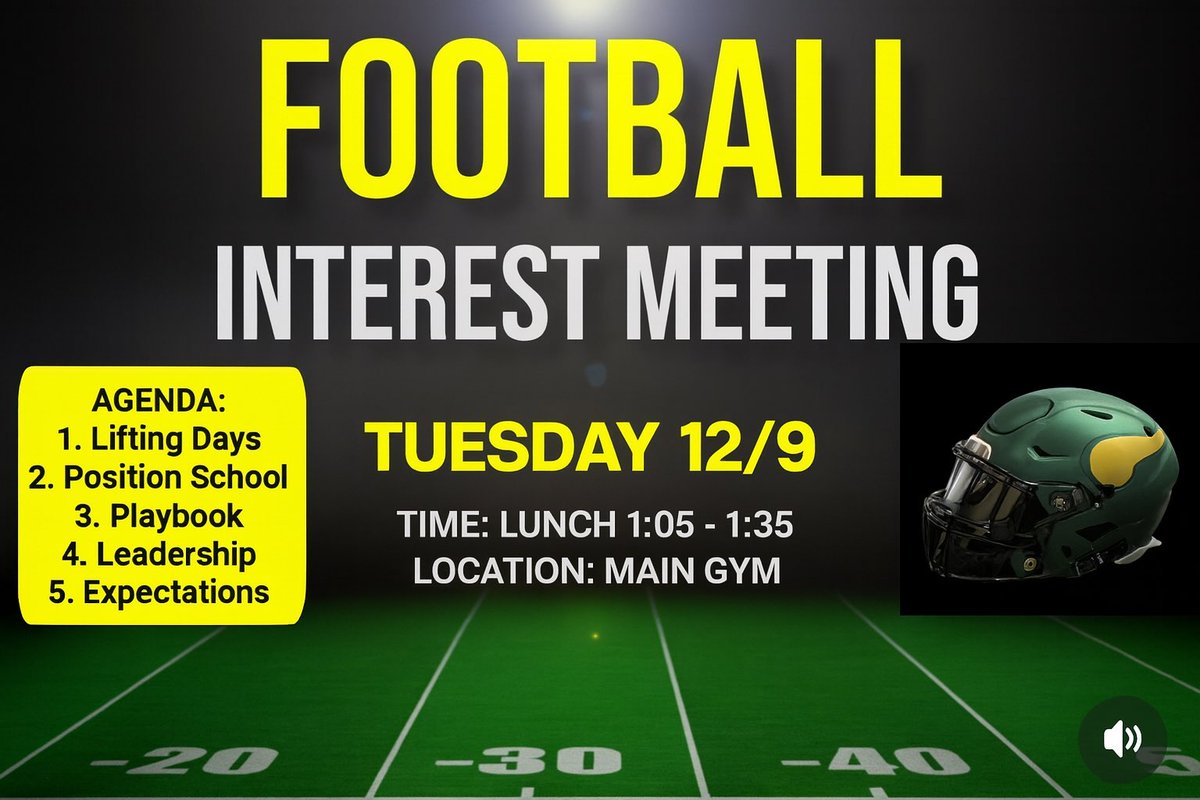 CoachDaveBishop's tweet image. ATTENTION ALL PROSPECTIVE 2026 @FBvikingstrong players… we will have an interest meeting this week. 

Tuesday 12/9 in the main gym 1:00-1:30 pm during lunch. 

We will discuss the off-season calendar, commitment to the program and expectations. 

Build on 4 straight playoff…