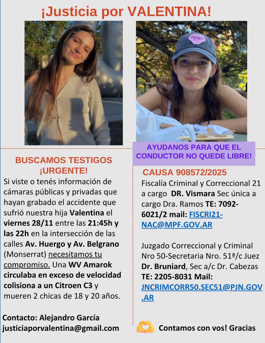 🚨 PIDEN TESTIGOS POR LA MUERTE DE DOS AMIGAS EN UN CHOQUE: EL CONDUCTOR QUE LAS EMBISTIÓ, LIBRE
- Pasó en Monserrat.
- En esta nota, detalles del caso: fiscales.gob.ar/fiscalias/pide…