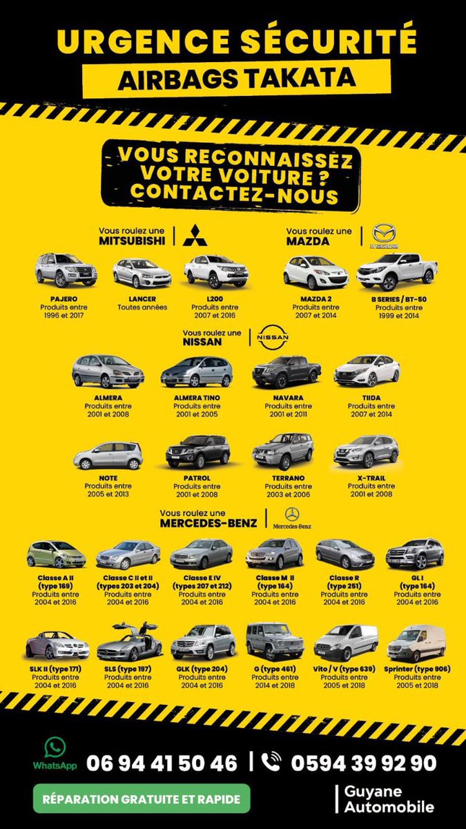 Image de Préfet de la région Guyane - #Sécurité | ⚠️ De nombreux véhicules en hashtag#Guyane sont touchés par le rappel des airbags Takata