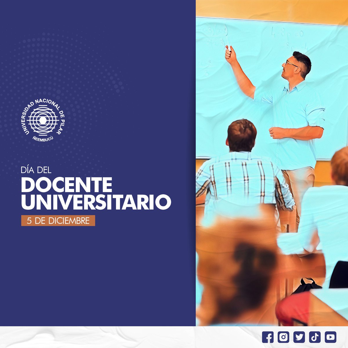 La Universidad Nacional de Pilar reconoce la labor de las y los docentes universitarios, cuya dedicación en la enseñanza, investigación y extensión fortalece la formación de profesionales comprometidos con el desarrollo del país. Renovamos nuestro compromiso con su labor.
