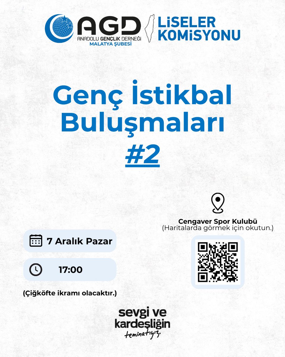 karavanmalatya's tweet photo. Genç İstikbal Buluşmaları programımızın 2.’sinde yeniden bir araya geliyoruz!
Sohbetin, muhabbetin ve keyifli vakitlerin adresine tüm gençler davetlidir.

🎁 Çiğköfte ikramımız vardır.

📅 7 Aralık Pazar
⏱️ 17.00
📍 Cengaver Spor Kulübü

@agdorgtr
@agdliseler

#agdmalatyaliseler https://t.co/fwHLnyNJni