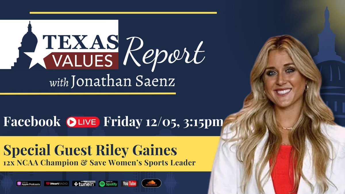 Join us on #TexasValuesReport Friday, December 5th at 3:15pm CT with special guest 12x NCAA Champion &amp; Save Women’s Sports Leader <a href="/Riley_Gaines_/">Riley Gaines</a>, &amp; host @JonathanSaenzTX, President &amp; Attorney for Texas Values, as they discuss The Texas Women's Privacy Act! buff.ly/EBJrpR0