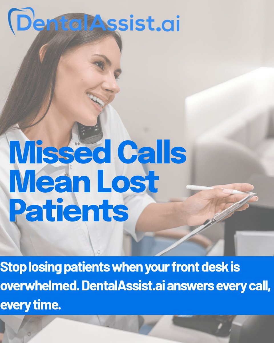 Missed calls are missed opportunities for your dental practice. 

Introducing DentalAssist.ai !!
Your AI-powered receptionist handling calls 24/7. No breaks, no burnout, just seamless patient engagement. 

#DentalAssistAI #DentalAutomation #AIReceptionist