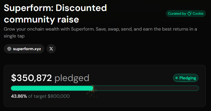 Superform has already raised $350k in Community raise .

ICYMI: <a href="/superformxyz/">Superform</a> ico is live on legion at $90M FDV . They are planning to raise $2M - $3M with this sale. 

The tokens will be unlocked 100% at TGE which is expected on 23 Dec 2025.

It can yield a good return in short