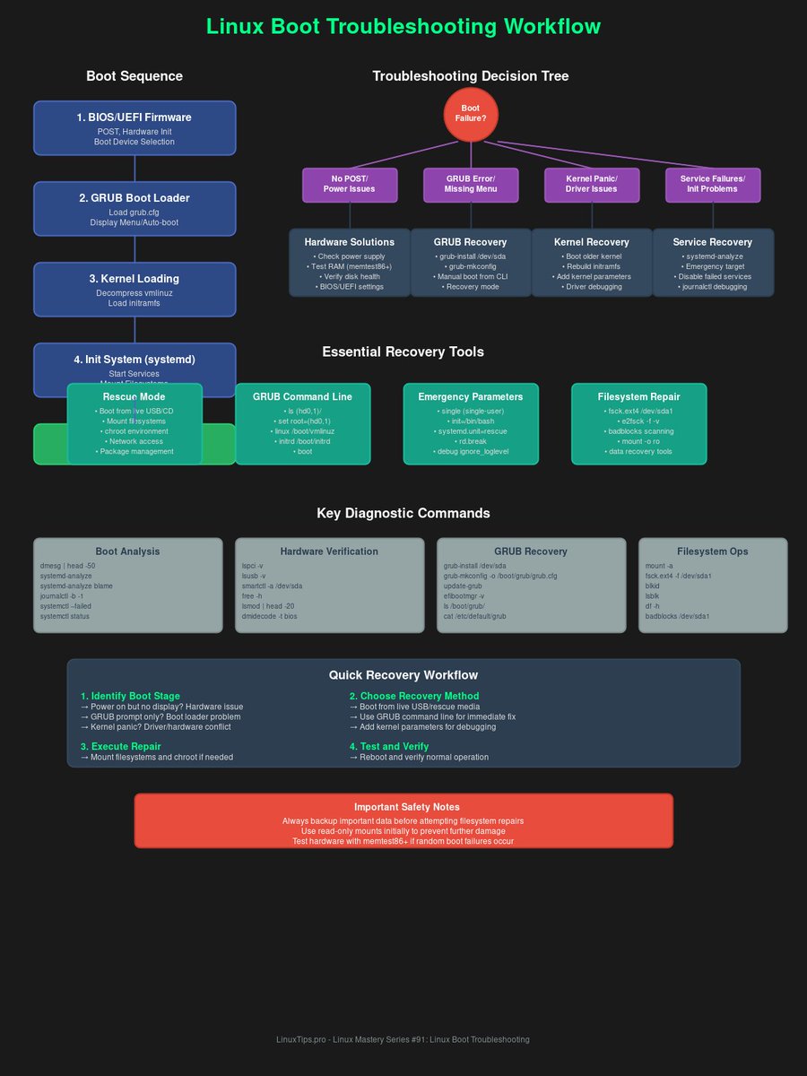LinuxtipsPro's tweet image. Master Linux boot troubleshooting with our comprehensive guide! Learn GRUB recovery, kernel debugging, rescue mode techniques, and systematic diagnosis for all boot failures. Essential skills for system administrators. #Linux #SystemAdmin #Troubleshooting linuxtips.pro/guides/linux-b…