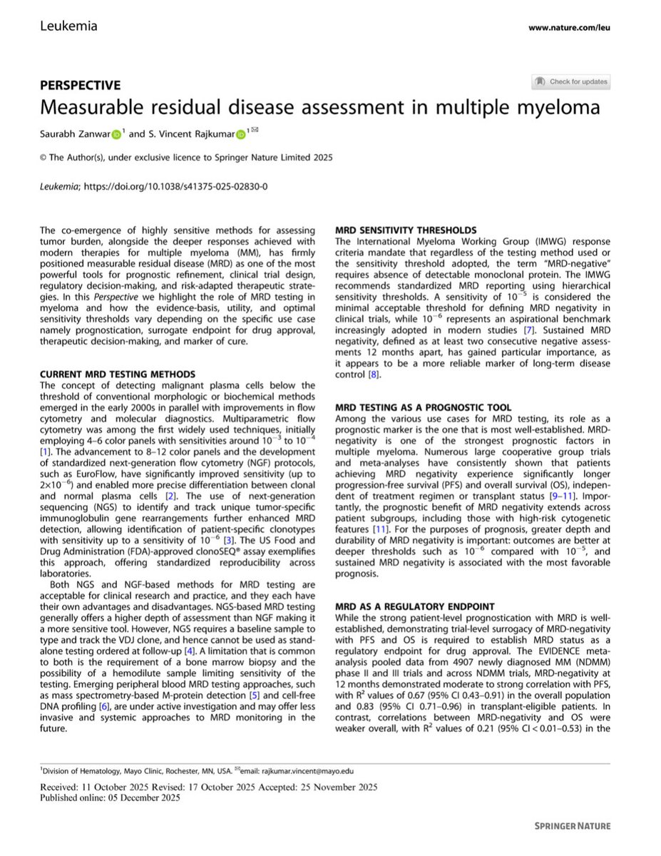 Just in time for #ASH25 

MRD in Myeloma: all your questions answered!

How to use MRD assessment in practice and research. 
<a href="/ZanwarSaurabh/">Saurabh Zanwar</a> <a href="/LeukemiaJnl/">Leukemia Journal</a> 

For a limited time get free access through this link: 

nam12.safelinks.protection.outlook.com/?url=https%3A%…

The principles we discuss apply for all