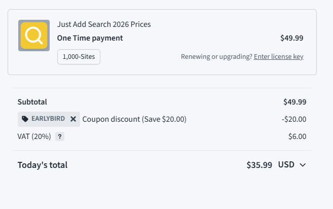 Use the discount code EARLYBIRD to save $20 / €20 off the 1000 site plan. Discount ends 1st Jan 2026.

Find out more: friendlywebguy.co.uk/just-add-searc…

Direct purchase: checkout.freemius.com/plugin/22162/p…