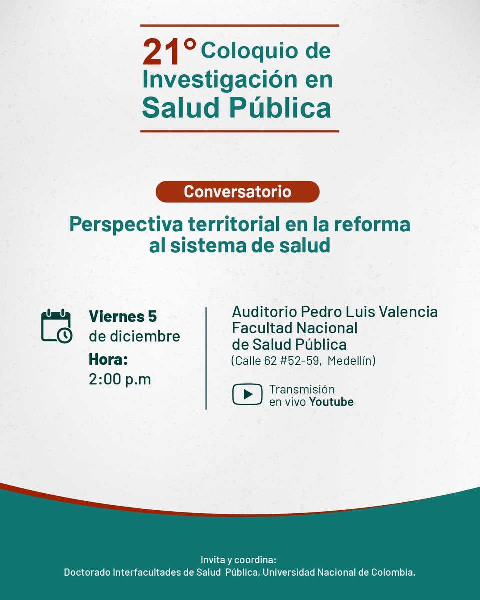 Docisp's tweet image. "PERSPECTIVA TERRITORIAL EN LA REFORMA AL SISTEMA DE SALUD"
Transmisión YouTube: youtube.com/c/DoctoradoInt…