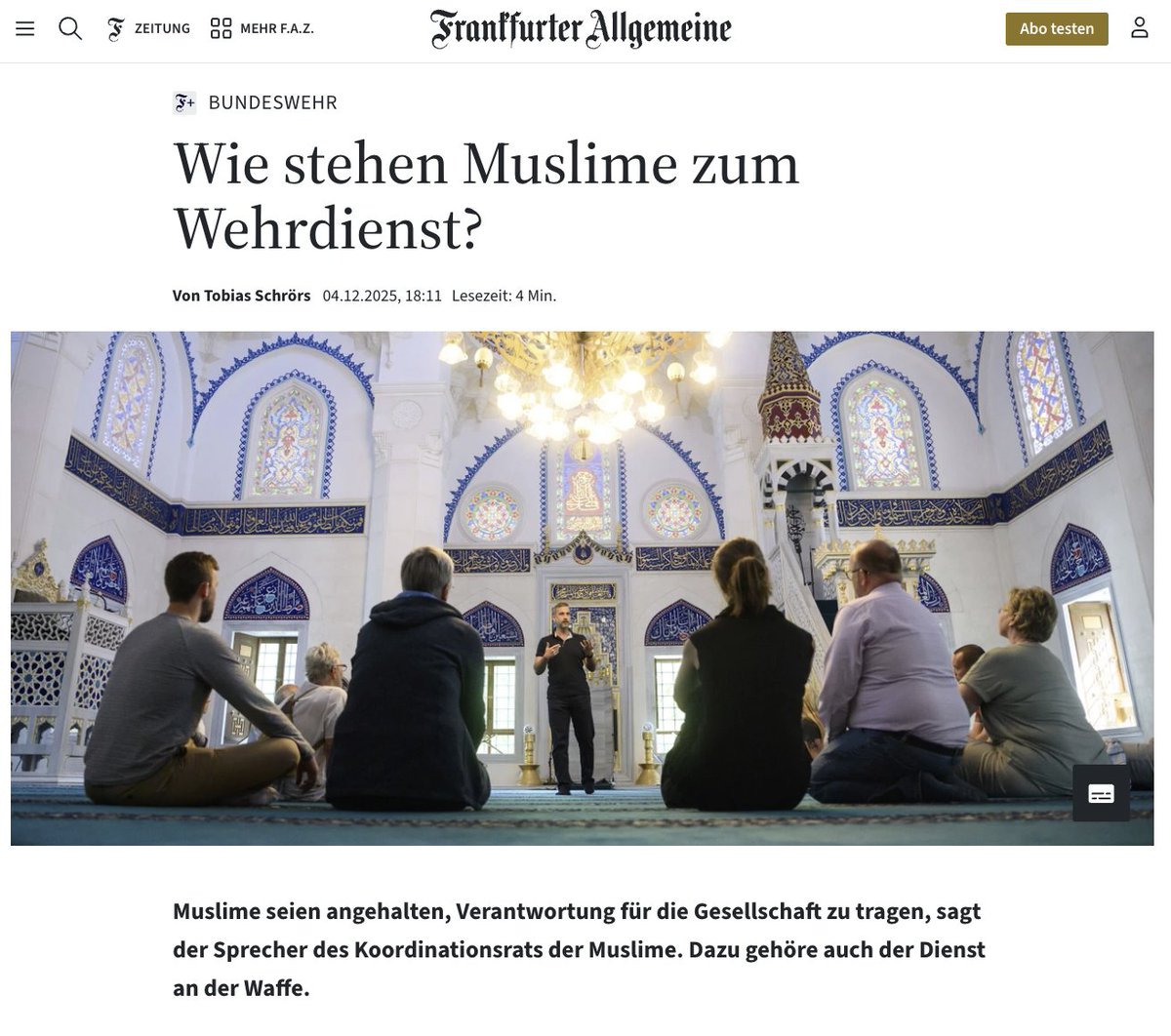 „Muslime tragen Verantwortung für die Gesellschaft – dazu kann auch der Dienst an der Waffe gehören“, sagt Ali Mete <a href="/AliMete82/">Ali Mete</a>, Sprecher des Koordinationsrats der Muslime, anlässlich der Diskussion um den Wehrdienst.
 
Der KRM-Sprecher betont: +