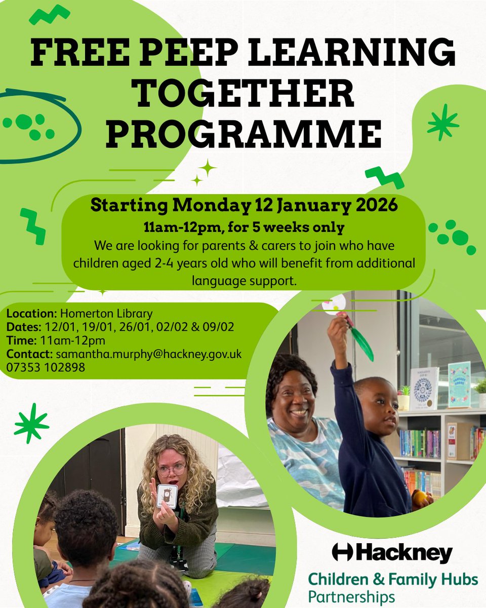 The Peep Learning Together programme comes to Homerton Library in the new year!  

 Sessions are welcoming and friendly with activities that build on what you are already doing at home.

You will receive a certificate, a free Home Learning Pack plus a £10 shop voucher at the end!
