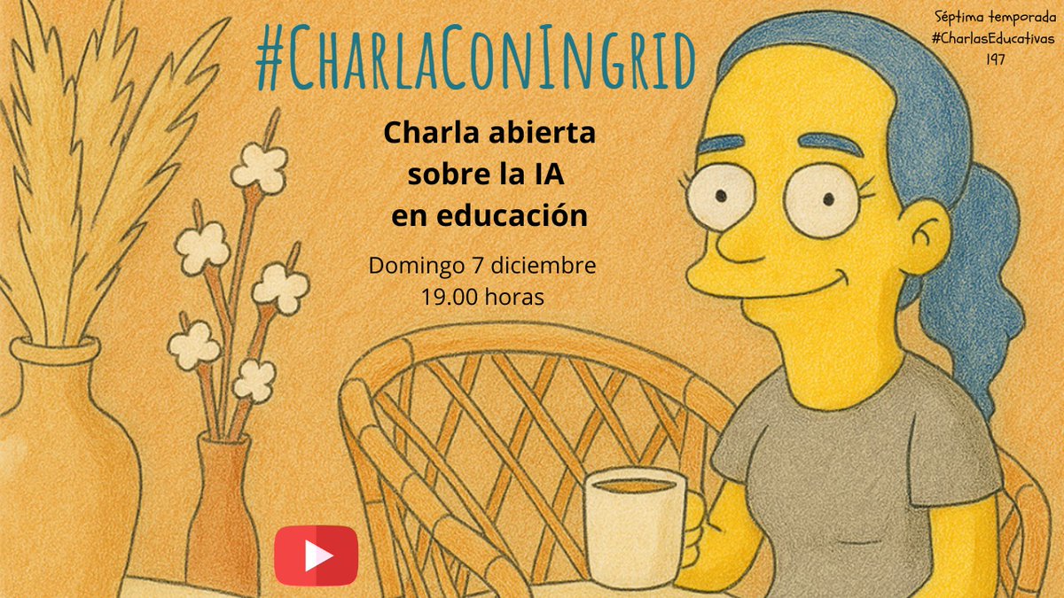 🧐 Este domingo, #CharlaConIngrid abierta. Hablaremos de #IA en educación.
Podrás seguirla en Twitter y en YouTube:
youtube.com/live/-b4nKFgh3…
Para participar, solo con audio, ya tienes el enlace en Telegram y wasap:
t.me/CharlasEducati…
whatsapp.com/channel/0029Va…
🥰 ¡Te esperamos!