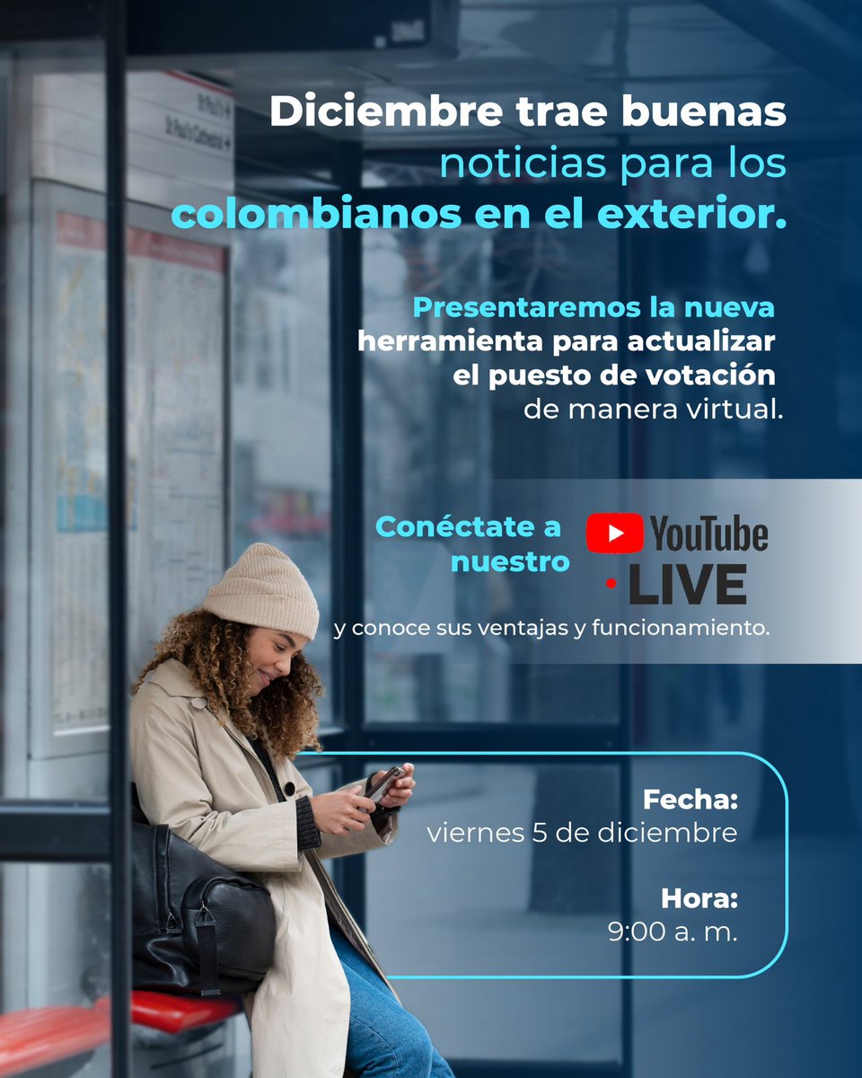 🇨🇴 ¡Atención colombianos en el exterior!

Gran noticia: la <a href="/Registraduria/">Registraduría Nacional del Estado Civil</a> habilita la herramienta para actualizar el puesto de votación de forma virtual.

🔗 Conéctate al lanzamiento: youtube.com/live/vbSrHfjpS…