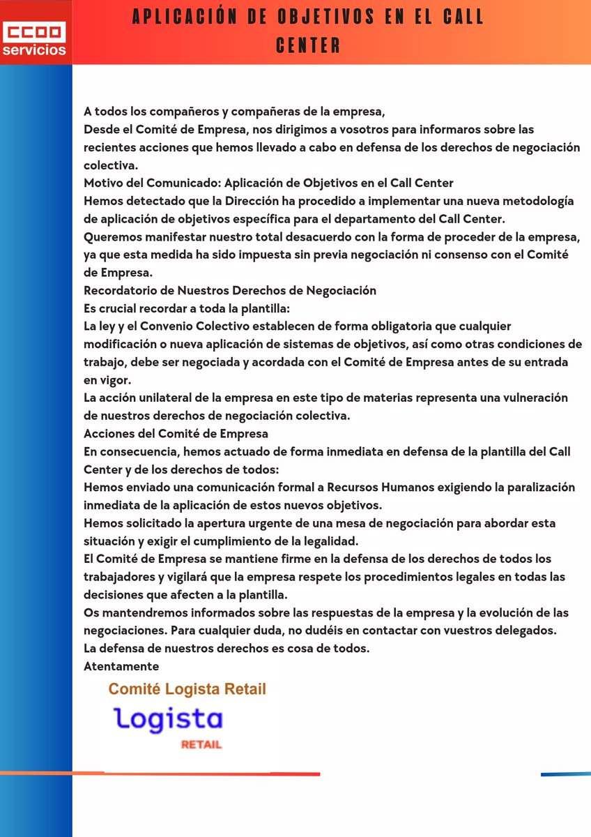 SLogista's tweet photo. APLICACIÓN DE OBJETIVOS EN EL CALL CENTER.
#Logista #LogistaRetail #GrupoLogista #Ibex35 #CCOOMadrid #CCOO #Leganes #CCOOServicios https://t.co/30bf0vghUk