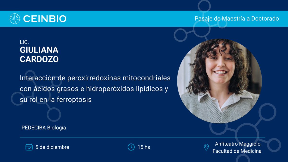 ceinbio's tweet photo. 📢HOY
Defensa de de pasaje de maestría a doctorado @PEDECIBA - 𝙶𝙸𝚄𝙻𝙸𝙰𝙽𝙰 𝙲𝙰𝚁𝙳𝙾𝚉𝙾

🗓 viernes  de diciembre
⏰15.00 horas
📍Anfiteatro Maggiolo @fmedoficial

Giuliana es integrante de @ceinbio y fue estudiante de de la @FcienUdelar https://t.co/9US3E0maq7