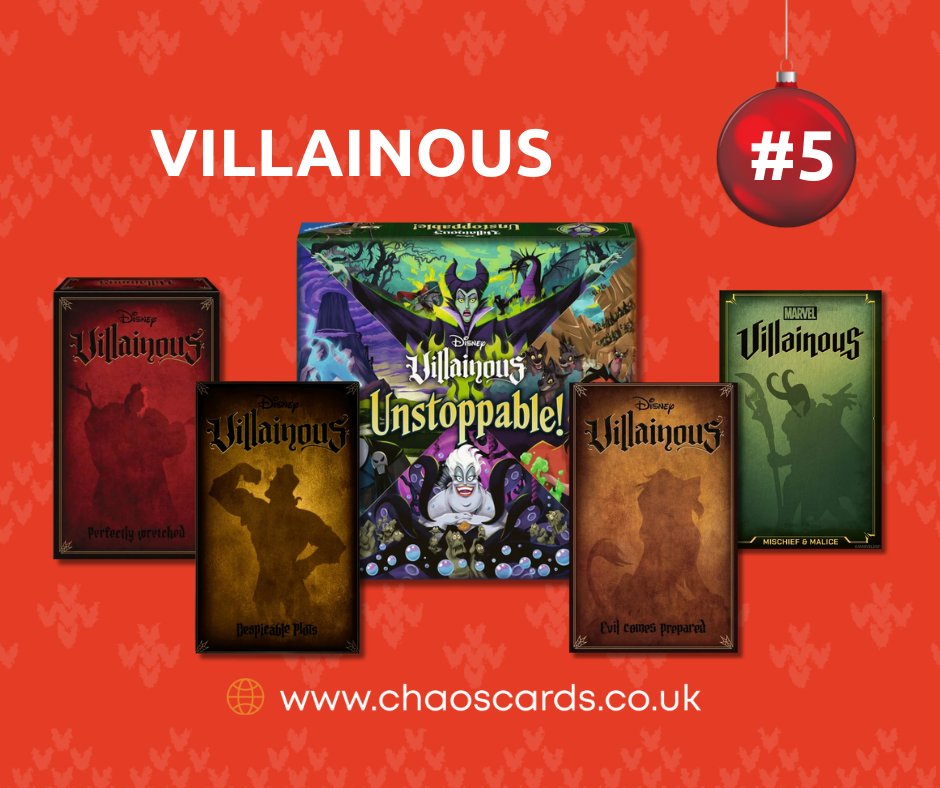 Day 5 of our Advent of Gifts is Villainous. bit.ly/449pulB

Step into the shoes of famous Disney Villains and follow your own goal to become the worst villain of all time!
Start with Unstoppable if you'd like to get to grips with the rules (suitable for 2-4 players) or