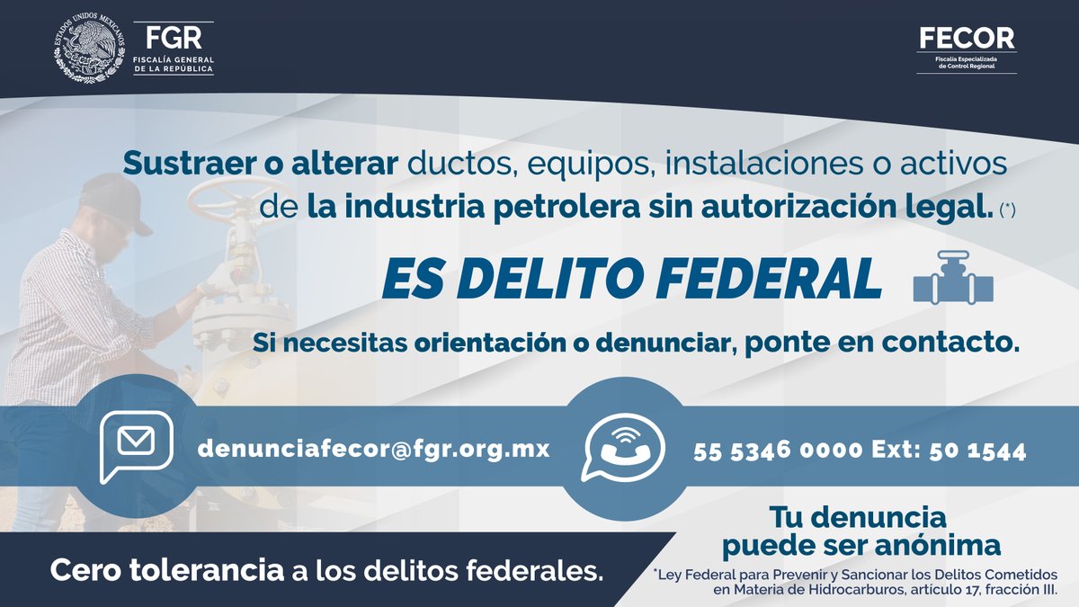 Si necesitas orientación o denunciar, ponte en contacto.

Tu denuncia puede ser anónima.

Cero tolerancia a los Delitos Federales.
#FiscalíaFederalChiapas
