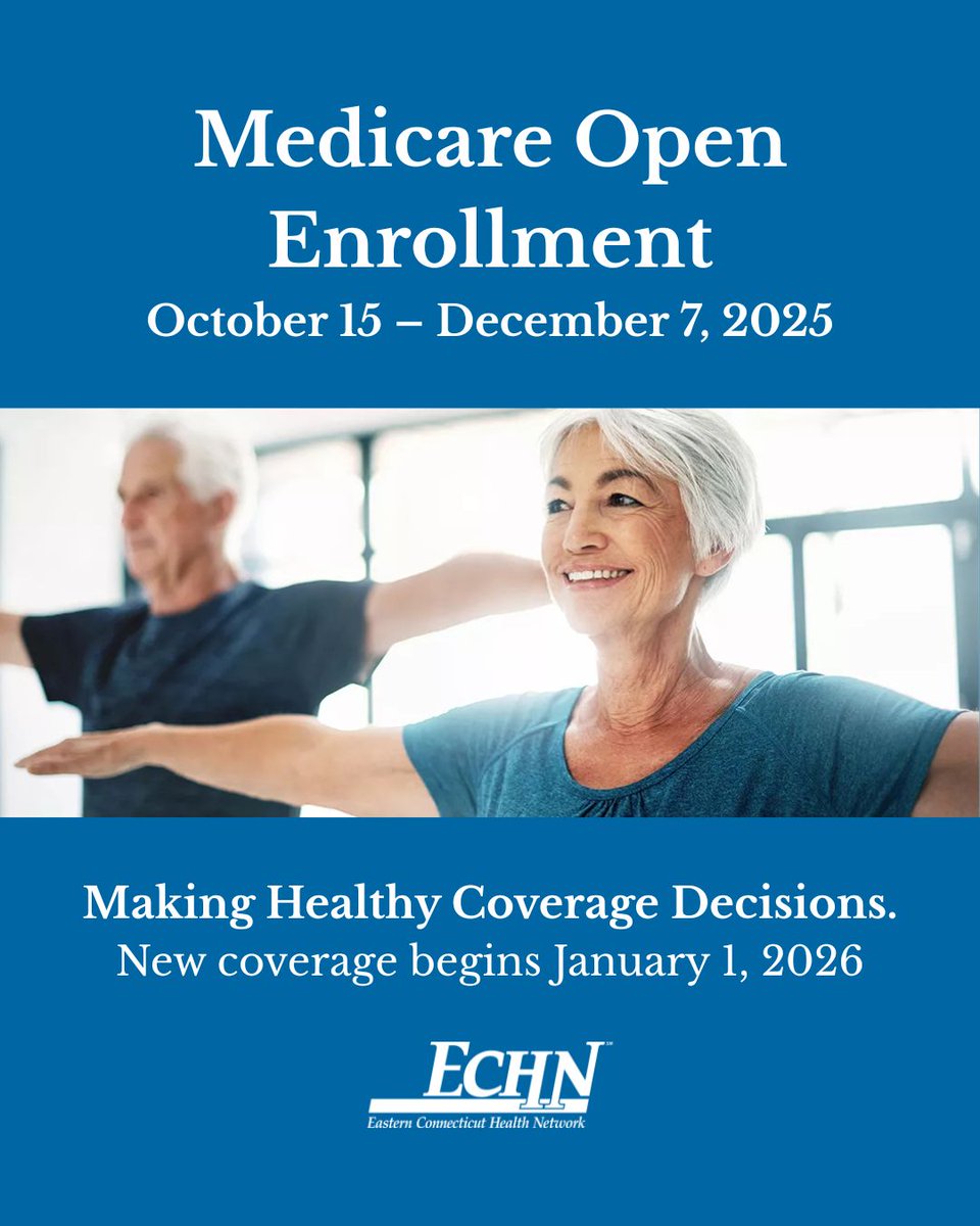 Medicare Open Enrollment is here! From October 15 through December 7, you can review your current coverage and make changes for the year ahead. 
Learn more: ow.ly/RIcl50Xy9Vx

#ECHNHealthcare #EasternCTHealth #ECHNCommunityCare #PMH #MedicareOpenEnrollment