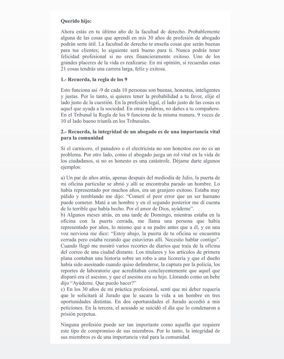 La mejor carta escrita de un padre abogado a su hijo.

Roland Boyd fue un abogado de Texas que hace más de 50 años escribió a su hijo una preciosa carta con 21 consejos. Publicada en 1962 en revista legal Texas Bar Journal como bella expresión de amor por la profesión

Disfruten: