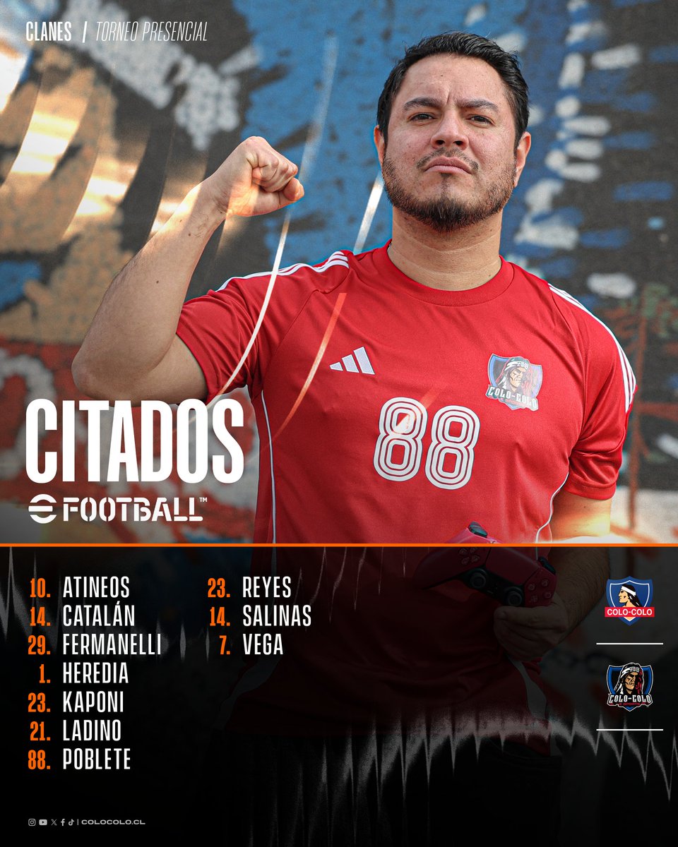 𝐂𝐈𝐓𝐀𝐃𝐎𝐒 🎮

Este domingo tenemos Torneo Presencial de eFootball 2026 y estos son los 10 gamers albos que nos van a representar en la cancha virtual. El Cacique sale a buscar un nuevo título para su vitrina 🤟🏼

#VamosColoColo • #Centenar100