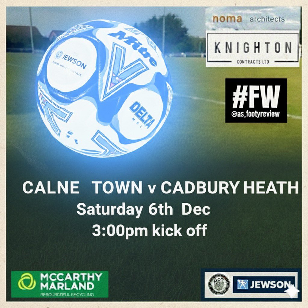 Tomorrow we are on the road <a href="/CalneTownFC/">Calne Town FC</a> 

<a href="/CalneTownFC/">Calne Town FC</a> vs Cadbury Heath
Western League Division 1

📅 Saturday 6th December
🕒 3:00pm Kick Off
🏟️ Bremhill View, SN11 9EE

The Heath 🔴⚪️