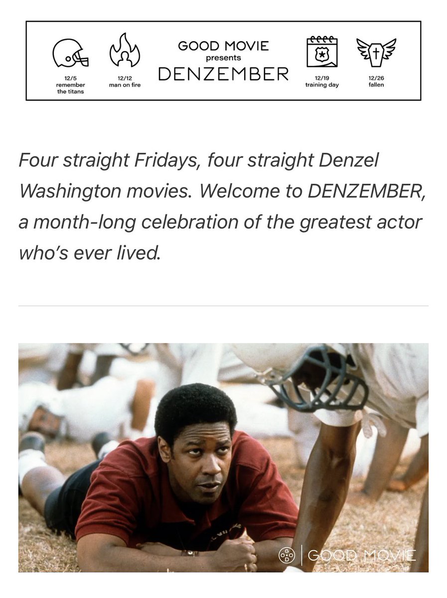 it’s DENZEMBER!

here is an essay about Remember the Titans

this is the most important thing i’ve ever written

goodmovie.substack.com/p/remember-the…

(there’s no paywall during DENZEMBER — GOOD MOVIE is free for everyone all month)