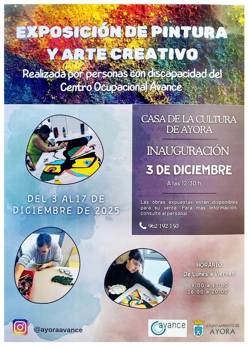 Exposición de Pintura y Arte Creativo
➡️Realizada por las personas con discapacidad del Centro Ocupacional Avance.
🗓️Hasta el 17 de diciembre
🏛️Casa de la Cultura de #Ayora
ℹ️+info: ayora.es/es/noticia/exp…
