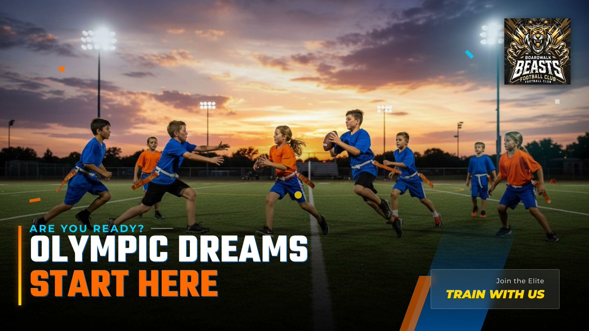 coachschuman's tweet image. Olympic flag football is coming. 2028 means legends rise. Beasts athletes train to represent the world, outplay, outrun, outlast. Ready to chase gold? Camps open NOW. Drop your Olympic dream in the comments! #BoardwalkBeasts #PathToParis