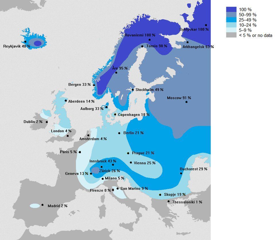 Every year I share this map to dampen or heighten hopes across Europe. The map shows the historical likelihood of a white Christmas in Europe. Source: buff.ly/2S4WCGC
