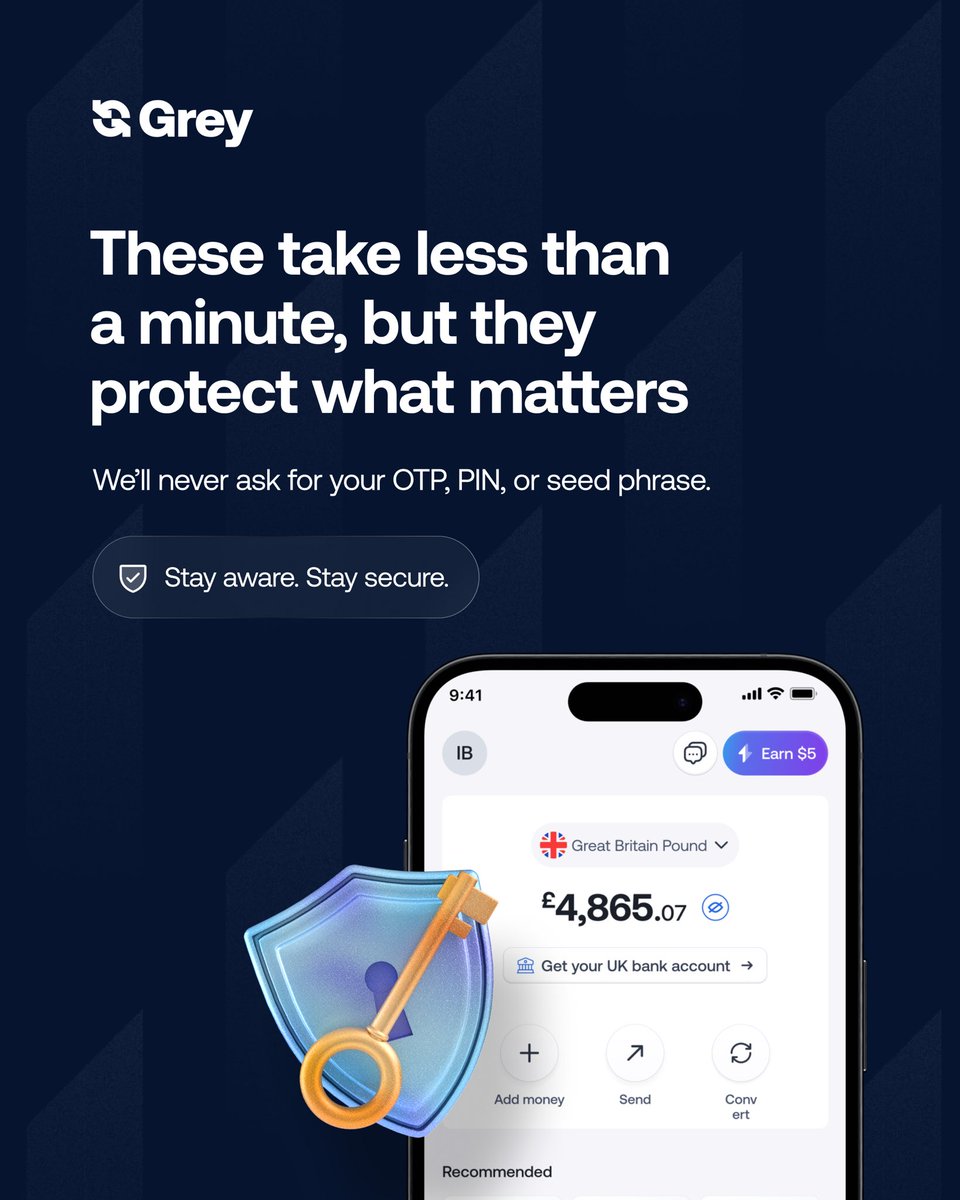 greyfinance's tweet image. At Grey, protecting your funds and data is our top priority. But true security is a shared responsibility.

Follow these steps to protect your account and make sure you’re fully covered.