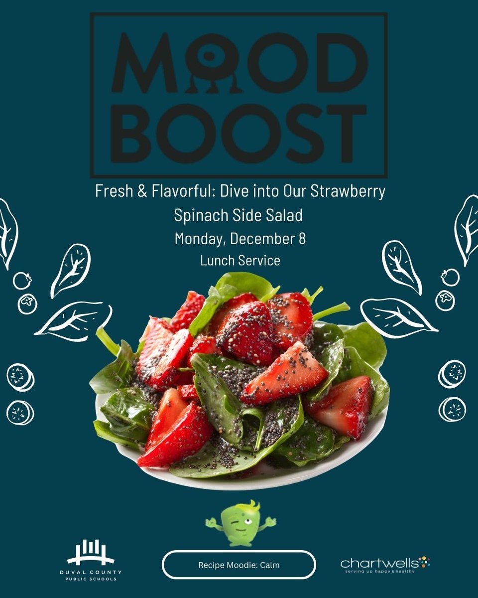 We’re thrilled to invite you to join us on Monday for a delightful experience with our new friend Calm! Don’t miss the chance to try our delicious strawberry-spinach side salad. Can’t wait to see you there! <a href="/Duvalschools/">DCPS</a>