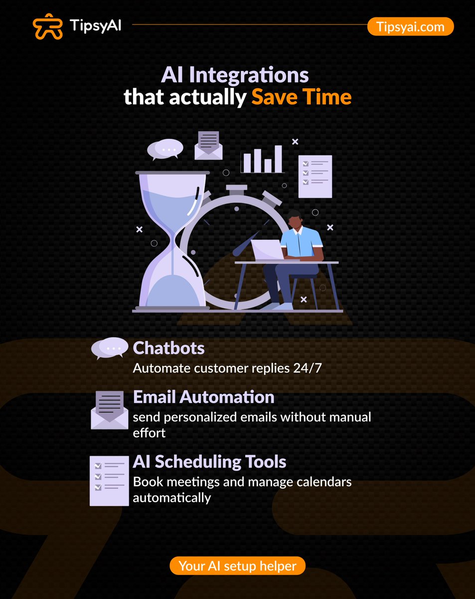 tipsy_ai's tweet photo. With AI integrations like chatbots, email automation, and smart scheduling tools, your business can run smoother and faster than ever.
Let TipsyAI help you set up AI in your business so you can focus on growth!
๐ https://t.co/MTDfxTjLBS
#TipsyAI #AIforbusiness #AIstrategies https://t.co/2dSjmPeMG1