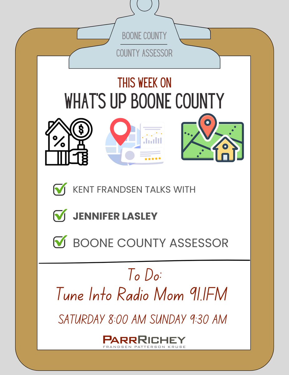🎙️ This week on What’s Up Boone County: Kent Frandsen talks with Jennifer Lasley, Boone County Assessor, about the work of the Assessor’s Office and how it serves our community.

📅 Sat 8:00 AM 
📅 Sun 9:30 AM 
📻 Radio Mom 91.1 FM

#WhatsUpBooneCounty #BooneCounty #ParrRichey