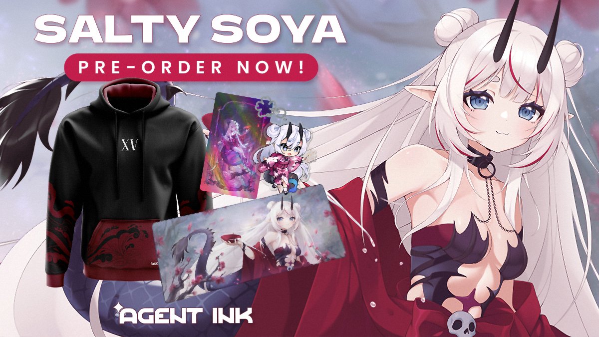 SaltySoyaVT's tweet image. I'm extremely excited and honored to announce...
We are releasing our NEW official merch collection with @AgentInk  ! ✨🎉
We worked really hard on this drop, so what are you waiting for?! PRE-ORDER NOW!! 🥳
agentink.gg/saltysoya