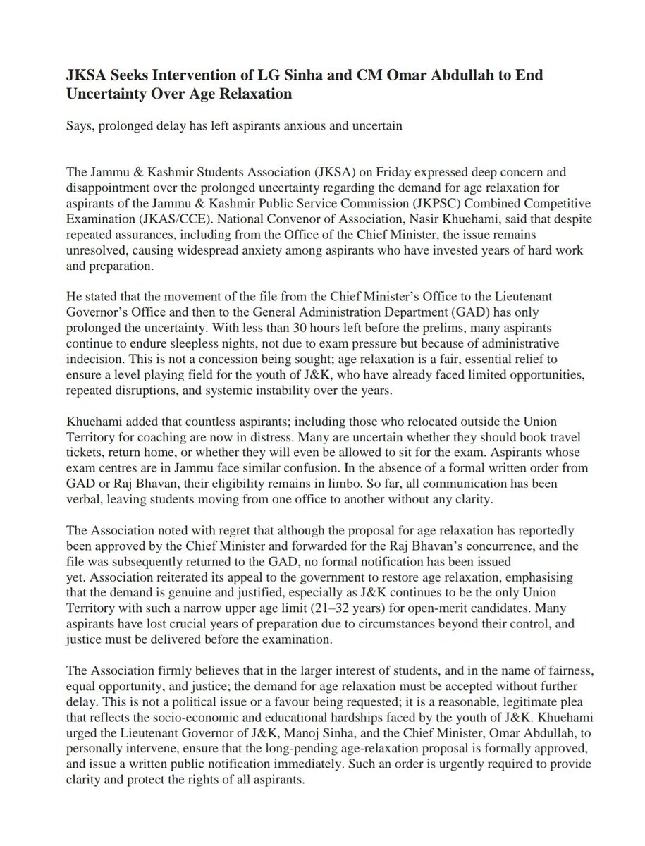 JKSTUDENTSASSO's tweet photo. JKSA Seeks Intervention of LG Sinha, CM Omar Abdullah to End Uncertainty Over Age Relaxation

Says, prolonged delay has left aspirants anxious and uncertain
@ANI @PTI_News @GreaterKashmir 
@RisingKashmir @KashmirLife 
@Kashmir_Monitor @kashmirobserver 
@KNSKashmir @kntnewsagency https://t.co/p5Yk42AjP9