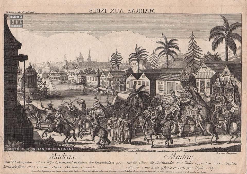 HISubcontinent's tweet photo. Haider Ali and siege of Madras: 

A view of Madras and the siege by Hyder-Ali, an impressive army march in front of the city, almost resembling a triumphal procession with riders and the Hyer Ali on a festive decorated Elephants. https://t.co/37Gm4Xct6v