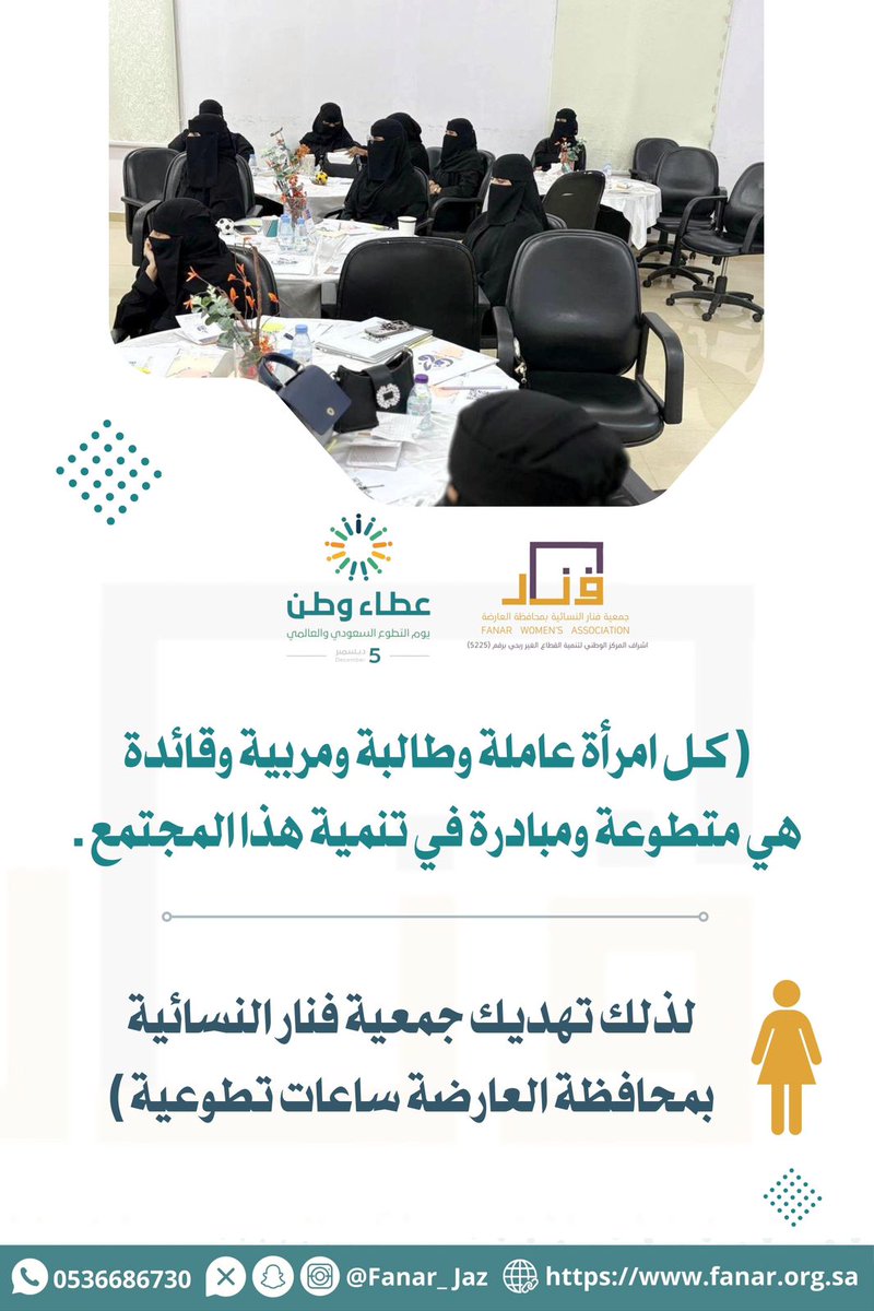 الساعات التطوعية بركن #جمعية_فنار_النسائية بمنتجع إيفا #محافظة_العارضة

( فَـنار في تقدير المرأة ……. 🤩💎)

#اليوم_العالمي_للتطوع