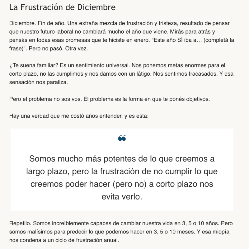 LeoPiccioli's tweet photo. Somos increíblemente capaces de cambiar nuestra vida en 3, 5 o 10 años. Pero somos malísimos para predecir lo que podemos hacer en 3, 5 o 10 meses. Y esa miopía nos condena a un ciclo de frustración anual.