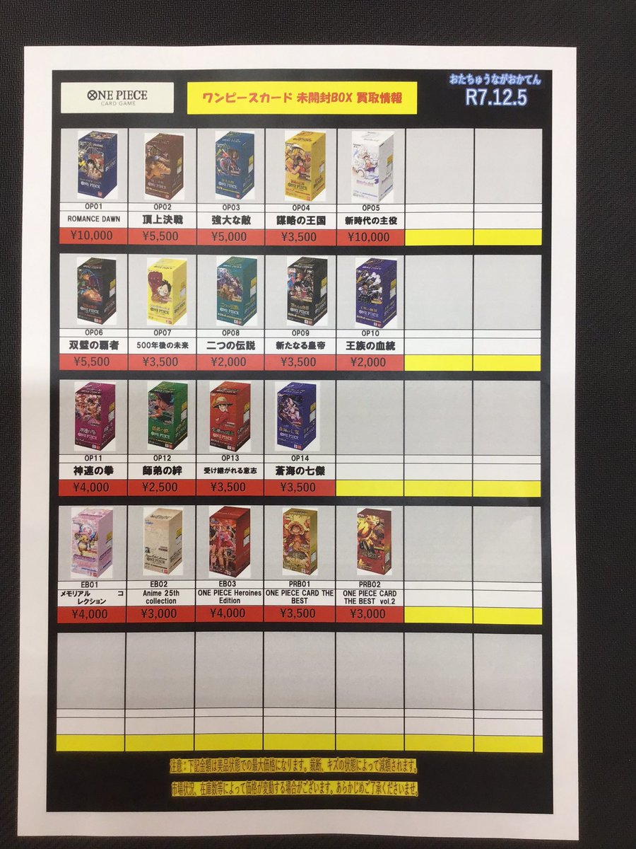 ワンピースカード買取情報】 最新弾、パラレルカード各種、買取価格を