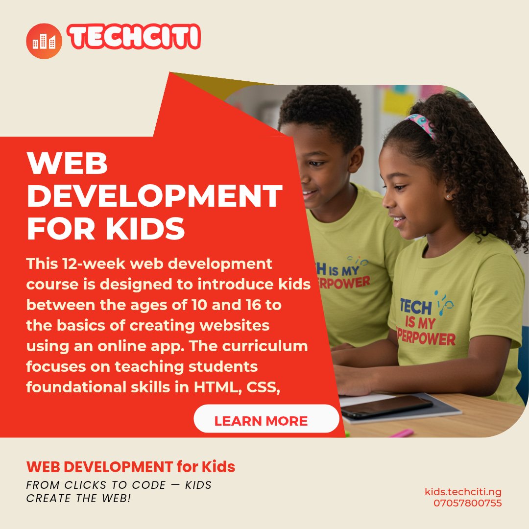 techcitikids's tweet image. Unlock your child’s creativity and digital skills! Our Web Development course teaches kids how to build real websites from scratch, turning curiosity into confidence. Give them a head start in the tech world today! 🌐✨
#FutureCoders #KidsWhoCode #DigitalSkills #WebDevelopment