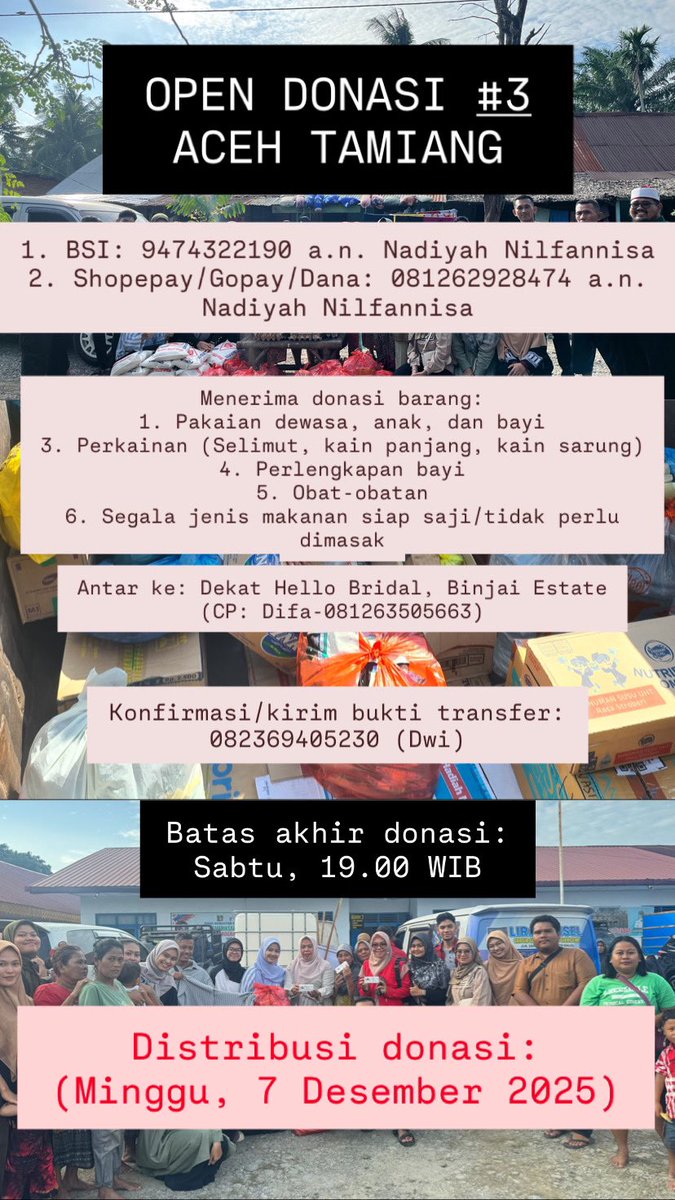 thisdwy's tweet image. Gais, hari minggu aku sama teman”ku mau turun ke aceh. Yangg mau donasii bisa kesini yaa🤍🫶🏻