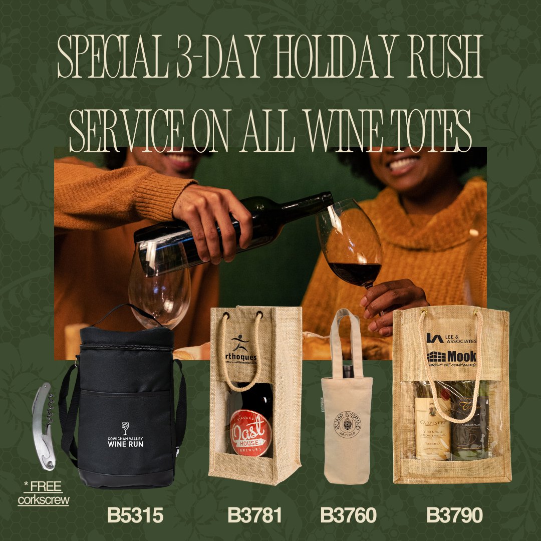 Ecorite is running a special for last-minute gifting on wine totes.  3-Day turnaround rush service is available. Certain conditions apply:

No artwork proof
DTF heat transfer decoration only
Maximum quantity 250 pcs.
Maximum 3 ship-to addresses.

Subject to availability O.A.C.