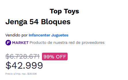 Buen descuento che... la mejor oferta del mundo.. alguien habra comprado el Jenga a casi 7 millones? jajaja...