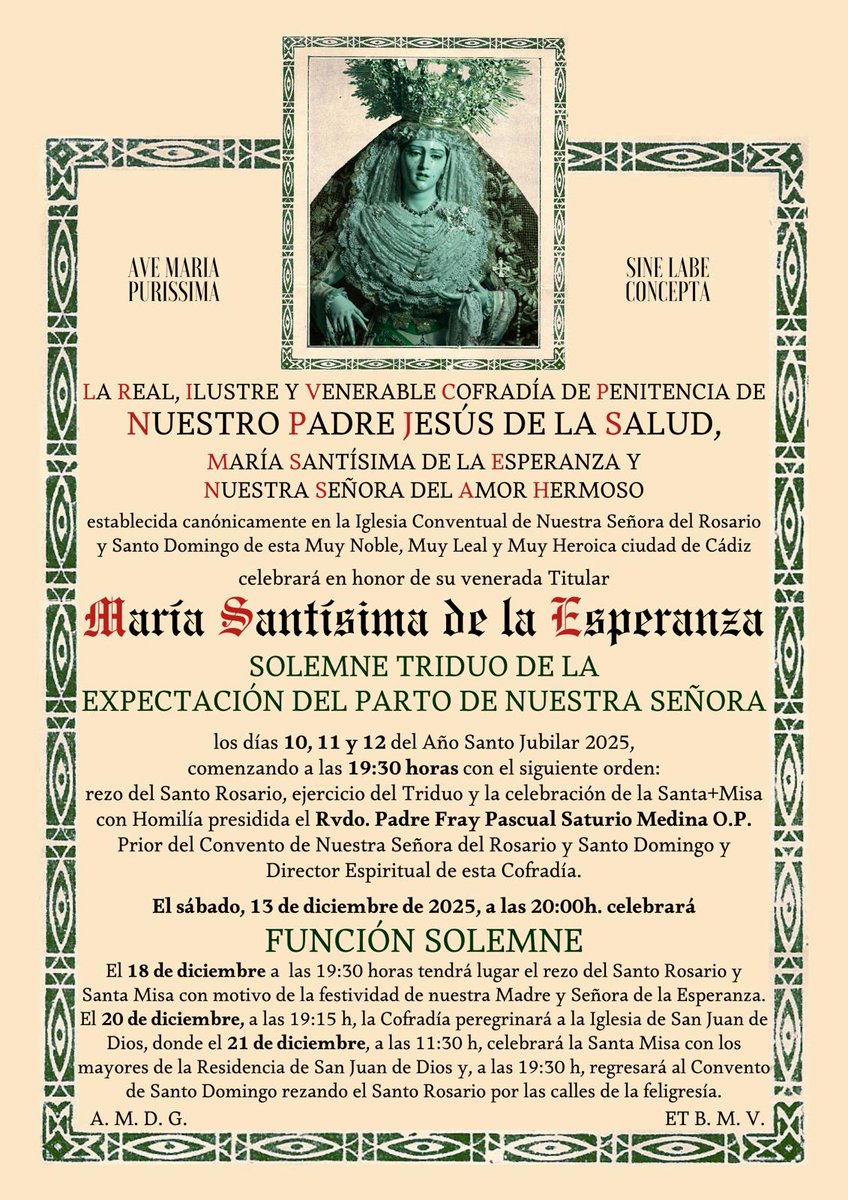 ⚫⚪
CULTOS EN HONOR A LA VIRGEN DE LA ESPERANZA

La Cofradía de las Cigarreras celebrará, D. m., solemnes cultos con motivo de la festividad de la Expectación de Nuestra Señora, en honor y gloria de su venerada Titular, María Santísima de la Esperanza.