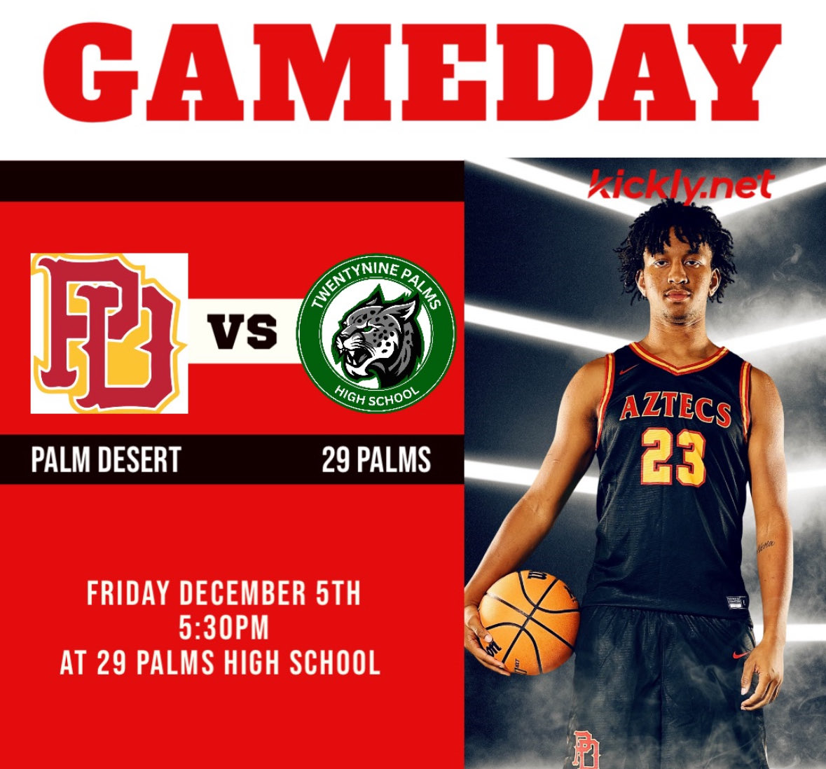 🔴 GAMEDAY 🟡

📆 - Friday December 5th, 2025

🕔 - 5:30pm

🆚 - 29 Palms   

🏠- 29 Palms High School