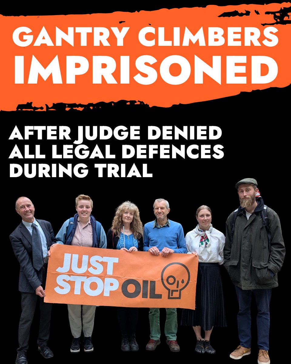 JustStop_Oil's tweet image. 🚨 BREAKING: JUST STOP OIL SUPPORTERS IMPRISONED

4 people have been jailed today for up to 30 months, with 2 given suspended sentences, after peacefully climbing M25 gantries 2022.

During their trial, they were denied all legal defences.

Press release: juststopoil.org/2025/12/05/fou…