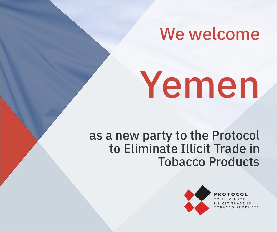 We welcome Yemen 🇾🇪 to the Protocol to Eliminate Illicit Trade in Tobacco Products family. 🎉

With 72 Parties, we are taking another important step forward.

By eliminating illicit trade, we help build a world where development is inclusive, resources serve the common good, and